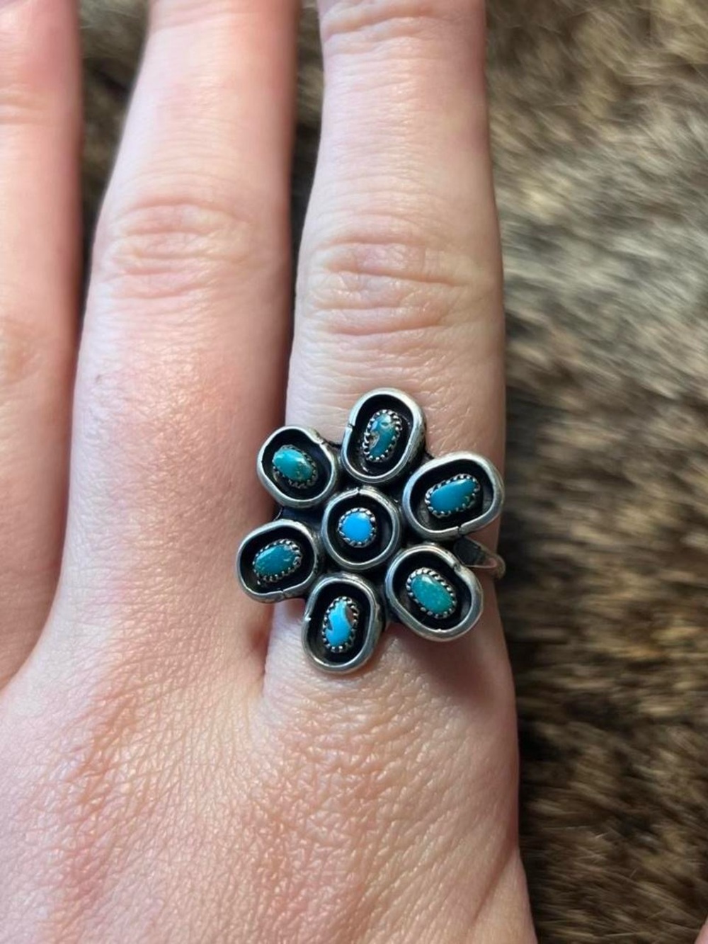 Sterling silver Native American Zuni turquoise flower ring
